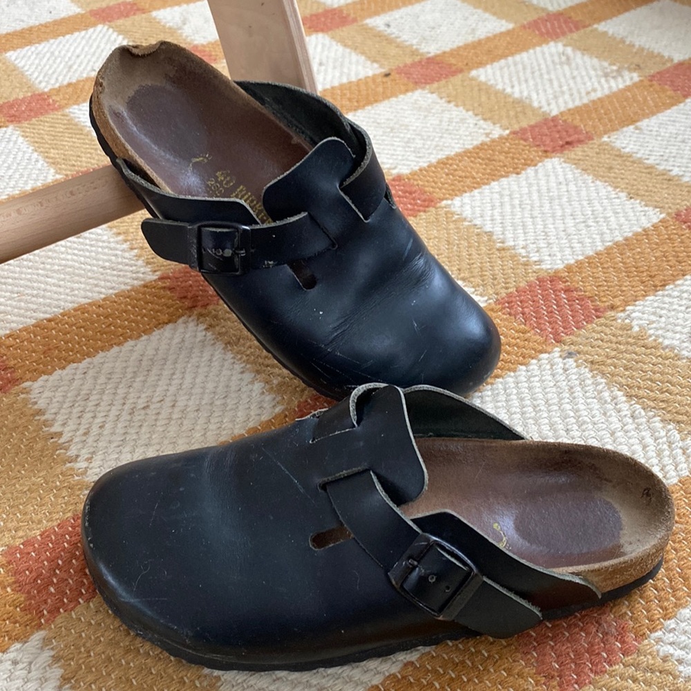 Black Leather Birkenstock Boston Clogs